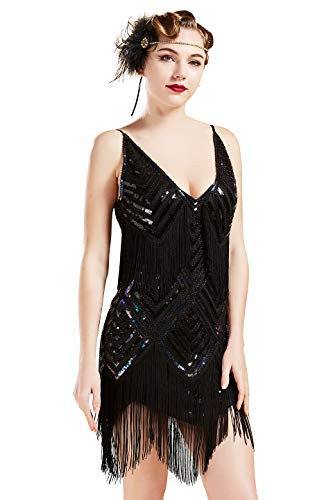 BABEYOND Womens 1920s Flapper Dress V Neck Slip Dress Roaring 20s Great Gatsby Dress for Party Black M