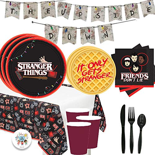 Stranger Things Party Supplies Pack With Stranger Things Dinner and Dessert Plates Cups Napkins Tablecover Cutlery Banner and Pin