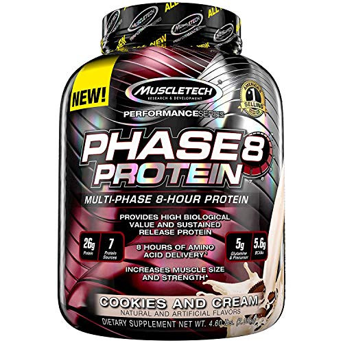 Whey Protein Powder  MuscleTech Phase8 Whey Protein  Sustained-Release 8-Hour Protein Shakes for Men   Women  26g of Protein  5_6g of BCAA  Muscle Builder  Cookies   Cream 4_6 lbs 50 Servings