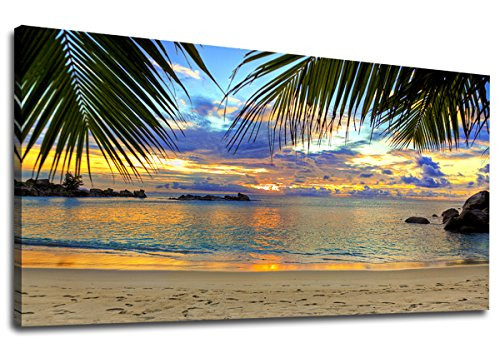 Canvas Wall Art Tropic Beach Sunset Palm Tree Leaves Large Nature Canvas Pictures Coast Landscape Canvas Artwork Seascape Ocean Contemporary Wall Art for Living Room Home Office Wall Decor 20 x 40