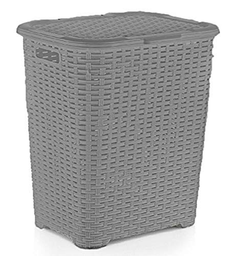Superio Laundry Hamper Basket With Easy Open Lid 60 Liter Grey Large Wicker Hamper Dirty Cloths Storage With Two Cutout Handles Laundry Room Bin