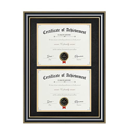 ELSKER HOME Double DocumentPhoto Wood Frame - Made for Certificates Diploma for Two 8_5x11 Inch with Mat and 13_5x20 Inch Without Mat for Documents Certificates Double Mat Black Mat with Golden Rim
