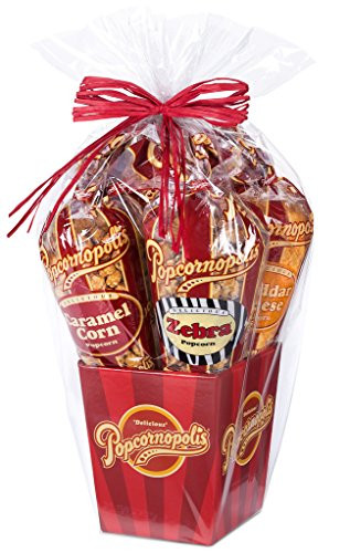 Popcornopolis Gourmet Popcorn 5 cone Gift Basket - Premium Including Zebra Caramel Cheddar Kettle Corn and Cinnamon Toast