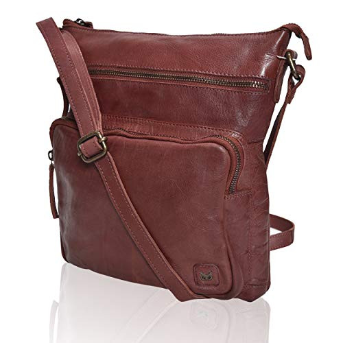 WISE OWL Womens Leather Crossbody Purses and Handbags for-Premium Crossover Bag Over the Shoulders Washed old look Burgandy