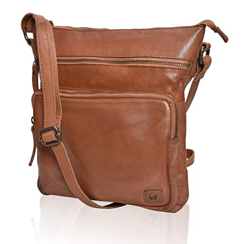 WISE OWL Womens Leather Crossbody Purses and Handbags for-Premium Crossover Bag Over the Shoulders Washed old look Cognac
