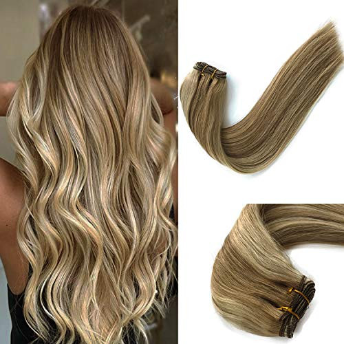 Human Hair Weave Bundles Sew in Remy Hair Extensions Double Weft Balayage Real Brazilian Hair Extensions Full Head Silky Straight Seamless Weave Bundles Ash Brown with Blonde Highlights 100g 16 Inch