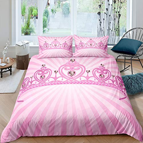 Homewish Crown Comforter Cover Princess Duvet Cover Pink Stripes Room Decor Bedding Set for Kids Girls Teens with Zipper Closure 1 Duvet Cover 2 Pillow CasesQueen Size