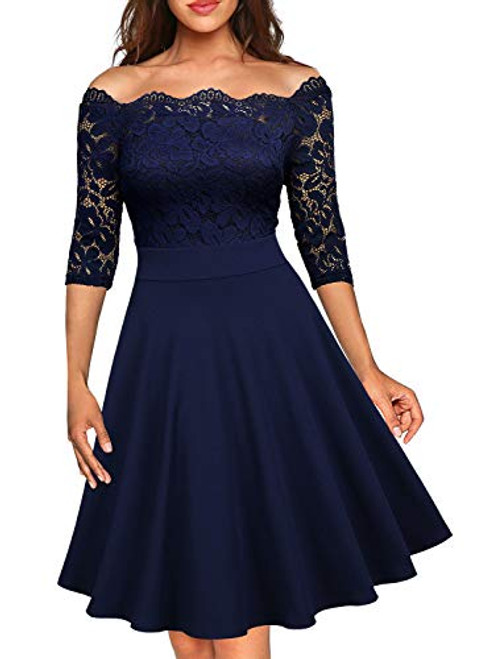 MISSMAY Womens Vintage Floral Lace Half Sleeve Boat Neck Formal Swing Dress X-Large Navy Blue