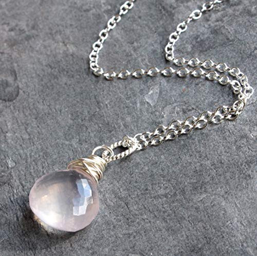 Rose Quartz Necklace Pink Pendant Drop Sterling Silver Briolette 18 Inch Rose Quartz Necklace Pink Pendant Drop Sterling Silver Briolette 18 Inch