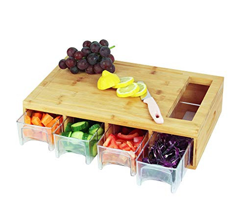 Bamboo Cutting Board With Trays-Chopping board with juice grooves handles food sliding opening cutting board with 4 trays for easy food prep and cleanup Bamboo Cutting Board With Trays-Chopping board with juice grooves handles food sliding opening cutting board with 4 trays for easy food prep and cleanup