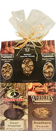 Gift Set - Jack Daniels Whiskey Praline Pecans - Deer Droppings Chocolate Covered Peanuts - Bourbon Praline Pecans - Southern Trash Snack mix Total 5 Items Shrink Wrapped