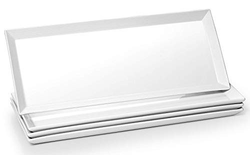 DOWAN Porcelain Rectangular Serving Plates - 14_5 Inches White Rectangle Plates Large Serving Platters Serving Dishes Dinner Plates for Meat Appetizers Dessert Sushi Party White Set of 4