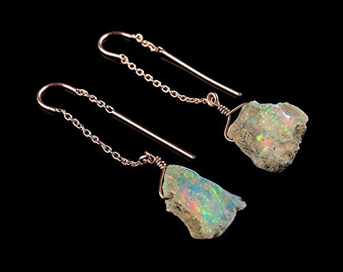 Natural Raw Opal Threader Earring In 14K Rose Gold Plated 925 Sterling Silver For Women Personalized Gifts_