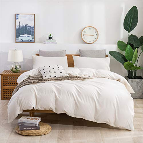 Janlive Washed Cotton Duvet Cover Queen Ultra Soft 100 Natural Cotton Solid Ivory Duvet Cover Set with Zipper Closure -3 Pieces Ivory Queen