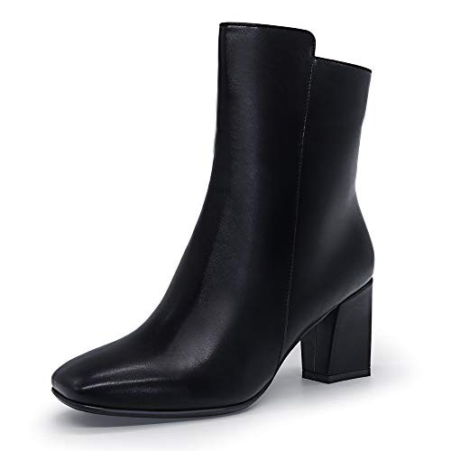 IDIFU Womens Ada Fashion Square Toe Short Gogo Ankle Boots Low Block Heel Side Zipper Booties - Half Size Larger Black Pu 6 M US