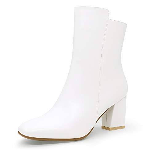 IDIFU Womens Ada Fashion Square Toe Short Gogo Ankle Boots Low Block Heel Side Zipper Booties - Half Size Larger White Pu 7_5 M US