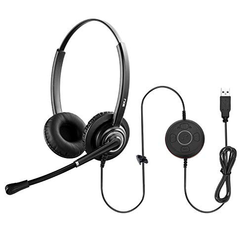 MKJ Computer Headset with Noise Cancelling Microphone Dual Ear Office Headset for Laptop Call Center USB Telephone Headset with Dragon Dictation for Microsoft Teams Conference Skype Zoom Softphones