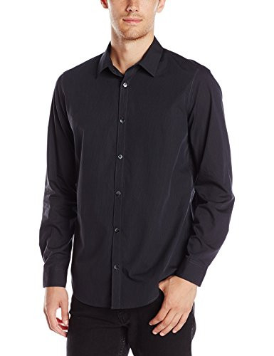 Calvin Klein Mens Stripe Long Sleeve Non-Iron Button Down Shirt Carbon Small
