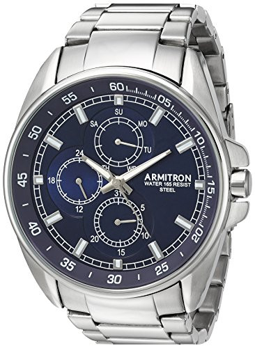 Armitron Mens 205224NVSV Multi-Function Dial Silver-Tone Bracelet Watch