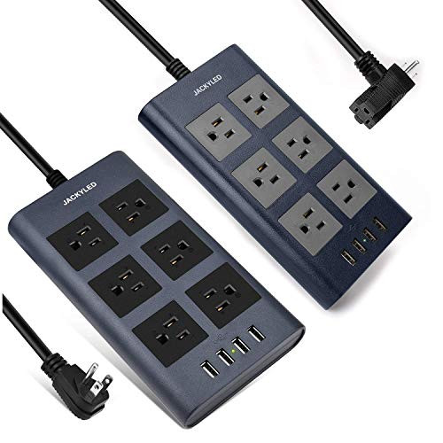 Two Plug Types 9_8ft Surge Protector Power Strip with USB JACKYLED 1875W15A 6 AC Wide Spaced Outlets 2_4A 4 USB Fast Charing Ports Flat Plug 14AWG Heavy Duty Extension Cord
