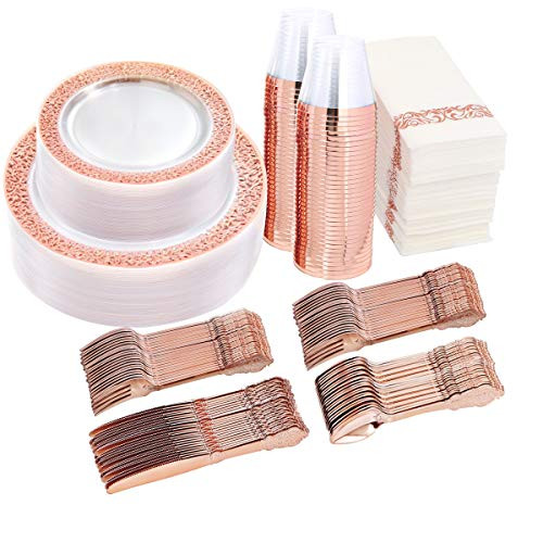I00000 350 Pieces Rose Gold Dinnerware Set-100 Clear Rose Gold Lace Plastic Plates-150 Rose Gold Plastic Silverware-50 Rose Gold Disposable Cups-50 Linen Like Paper Napkins I00000 350 Pieces Rose Gold Dinnerware Set-100 Clear Rose Gold Lace Plastic Plates-150 Rose Gold Plastic Silverware-50 Rose Gold Disposable Cups-50 Linen Like Paper Napkins