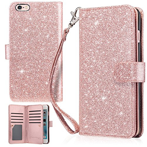 UrbanDrama iPhone 6 Plus Case, iPhone 6S Plus Wallet Case, Glitter Shiny Faux Leather Magnetic Closure Credit Card Slot Cash Holder Protective Case for iPhone 6 Plus/iPhone 6S Plus 5.5", Rose Gold