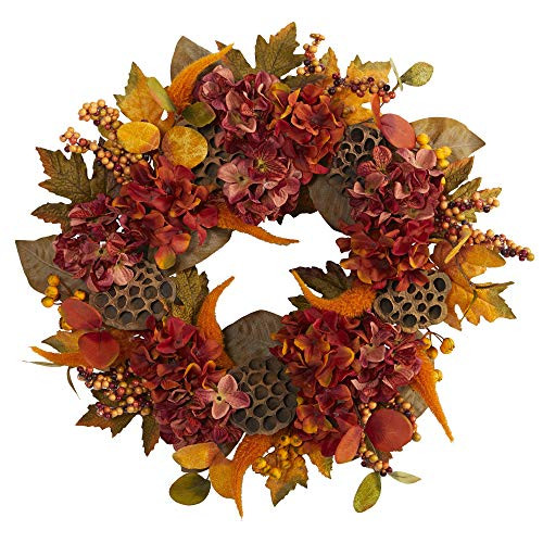 Nearly Natural 24in_ Fall Hydrangea Lotus and Berries Artificial Wreath Orange