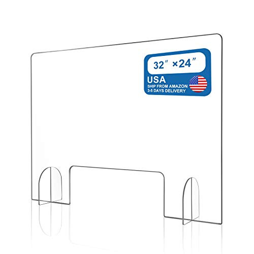 Sneeze Guard Plexiglass Clear Shield-Economy 32x24 Sneeze Guard for Counter Freestanding Acrylic Shield for Business and Customer Safety with Pass-Through Transaction Window