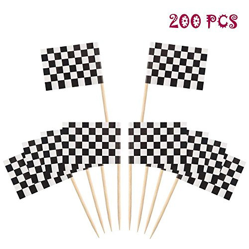 Finico 200 PCS Racing Checkered Flags Cupcake Picks，Checkered Racing Flag Party Cupcake Picks，Toothpick Flag Dinner Flags Cake，Checkered Flag Racing Cupcake Picks