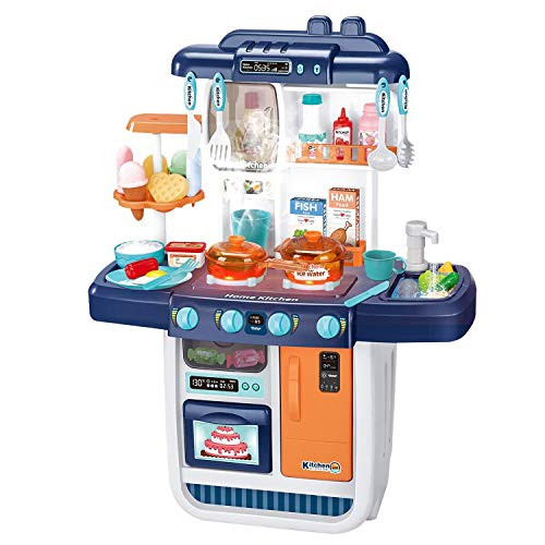 BEEYEO Little Kitchen Playset Kids Play Kitchen with Realistic Lights   Sounds Play Sink with Running Water Dessert Shelf Toy   Other Kitchen Accessories Set for Girls Boys Blue