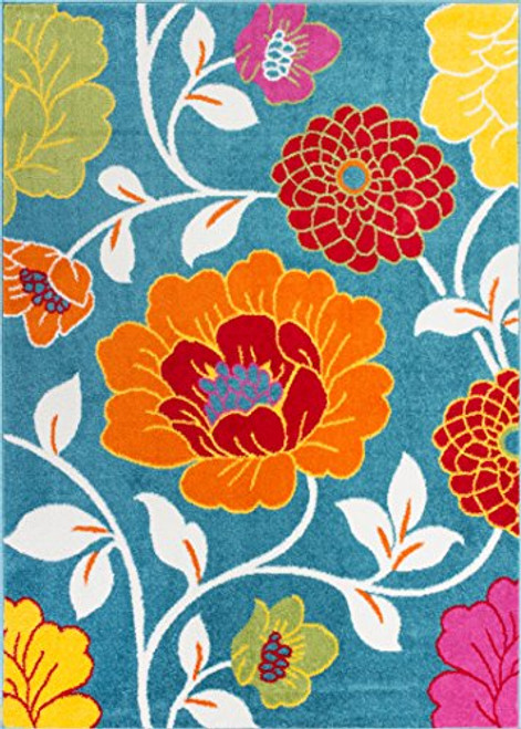 Well Woven StarBright Daisy Flowers Modern Floral Blue 5 x 7 Kids Area Rug