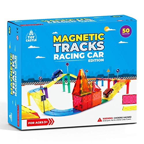 TOY CASTLE Magnetic Building Blocks for Kids Big Strong Magnetic Tiles with 2 Racing Cars 50 Pcs STEM Educational Toys for Kids with Racing Car Tracks Boys Toys Construction Toys
