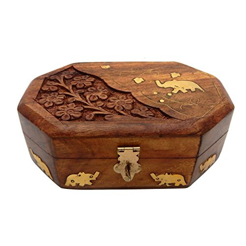 IndiaBigShop Handmade Wooden Jewelry Box With Beautiful Elephant Brass Inlay / Interact Carving Work and Velvet Interior Decorative Trinket Jewelry Box Organiser 6 Inch IndiaBigShop Handmade Wooden Jewelry Box With Beautiful Elephant Brass Inlay / Interact Carving Work and Velvet Interior Decorative Trinket Jewelry Box Organiser 6 Inch