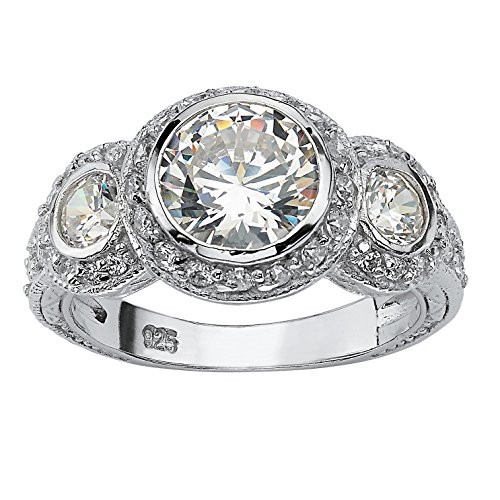 Sterling Silver Round Cubic Zirconia Bezel Set Vintage Style 3 Stone Bridal Ring Size 5