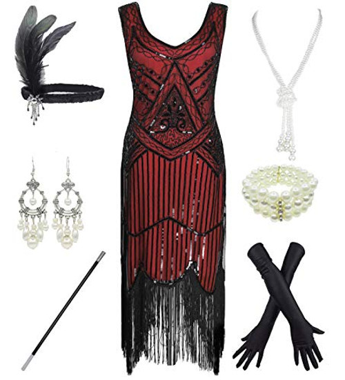 1920s Gatsby Sequin Fringed Paisley Flapper Dress with 20s Accessories Set S Style Flower Black Red
