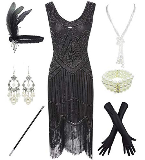 1920s Gatsby Sequin Fringed Paisley Flapper Dress with 20s Accessories Set S Black
