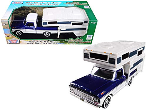 Motormax 1969 Ford F-100 Pickup Truck with Slide-in Camper Blue and White 124 Diecast Model