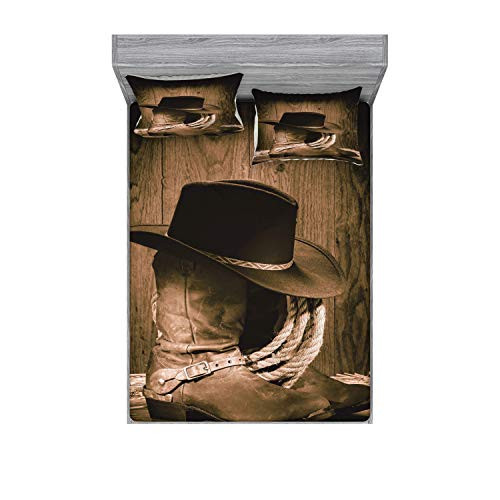 Ambesonne Western Fitted Sheet   Pillow Sham Set Wild West Themed Cowboy Hat and Old Ranching Rope on Wooden Display Rodeo Cowboy Style Decorative Printed 3 Piece Bedding Decor Set Queen Brown