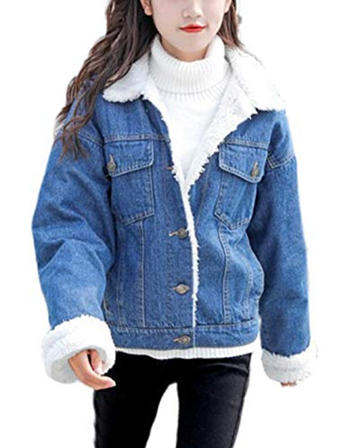 Omoone Womens Vintage Lapel Sherpa Fleece Lined Loose Fit Thicken Denim Jacket Dark Blue M