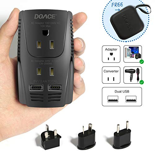 2019 Upgraded DOACE C11 2000W Travel Voltage Converter for Hair Dryer Straightener Curling Iron Step Down 220V to 110V 10A Power Adapter with 2 USB and EUUKAUUS Plugs for Laptop Camera Cell Phone