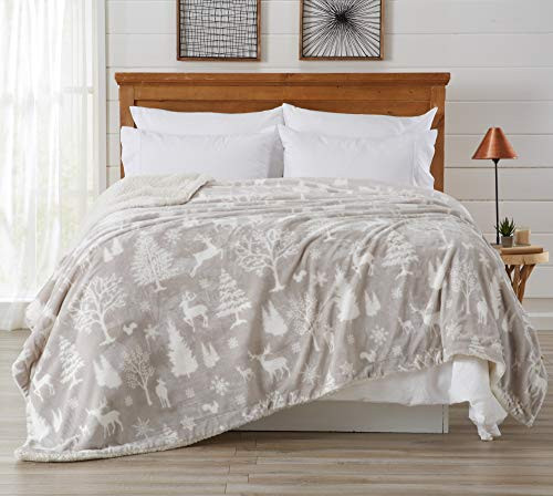 Home Fashion Designs Premium Reversible Sherpa and Fleece Velvet Plush Blanket_ Fuzzy Soft Warm Berber Fleece Bed Blanket_ King Enchanted Woods - Grey