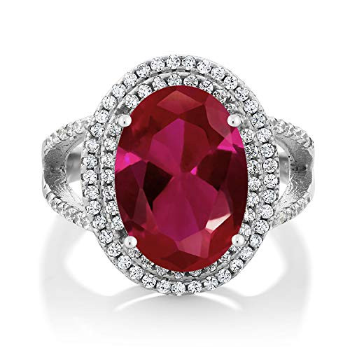 Gem Stone King 925 Sterling Silver Red Created Ruby Womens Cocktail Engagement Ring 7_19 Carat Oval 14X10MM Size 7
