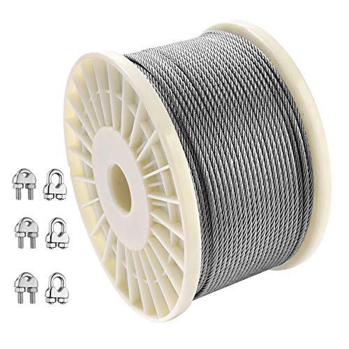Cozysmart 18 Inch T316 Stainless Steel Cable Railing Deck330 Feet Wire Rope Aircraft Cable with 6 Wire Rope Clamps7X7 Strand for Railing Balustrade Decking Handrail Outdoor Hanging