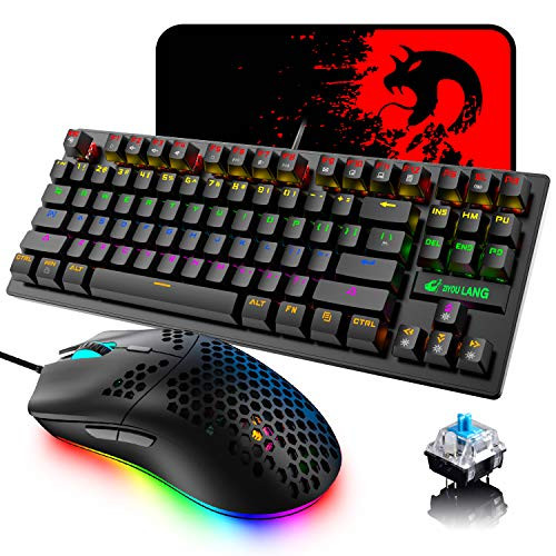 Mechanical Gaming Keyboard Blue Switch Mini 82 Keys Wired Rainbow LED Backlit KeyboardLightweight Gaming Mouse 6400DPI Honeycomb OpticalGaming Mouse Pad for Gamers and TypistsBlack