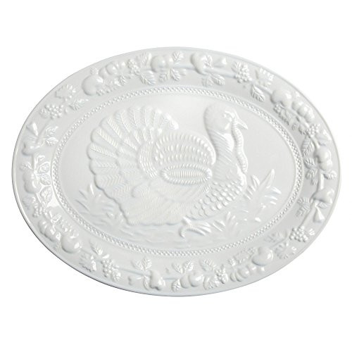 Rustico Thanksgiving Turkey Embossed White Melamine Oval Serving Platter 19-Inch x 14_5-Inch