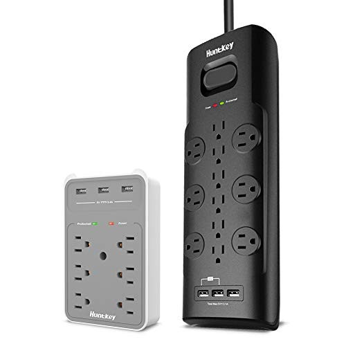 Huntkey 6 AC Outlets Surge Protector with 3 USB Charging Ports 3_4 Amp SMD607 and Power Strip 12 Outlets Extender with 3 USB Charging Ports 5V3_1A 4000 Joules SMD127B