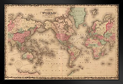 Pyramid America Map of The World Mercators Projection A J Johnson 1860 Vintage Historical Cartographic Print Black Wood Framed Poster 20x14