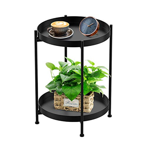 Round Side Table 2-Tier Black Sofa Table Small Tray Metal End TableFoldable Accent Coffee Table for Small SpacesBedroomPatio