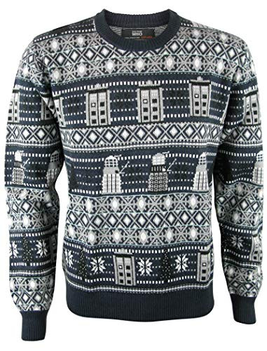 Doctor Who Xmas Jumper Medium - Tardis and Daleks Sweater - Dr_ Who Collectables for Men by LOVARZI Navy Blue
