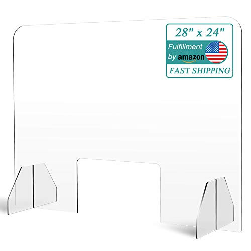 Protective Sneeze Guard for Counter and Desk - Freestanding Clear Acrylic Shield for Business and Customer Safety Portable Plexiglass Barrier Pass-Through Transaction Window 28W x 24H